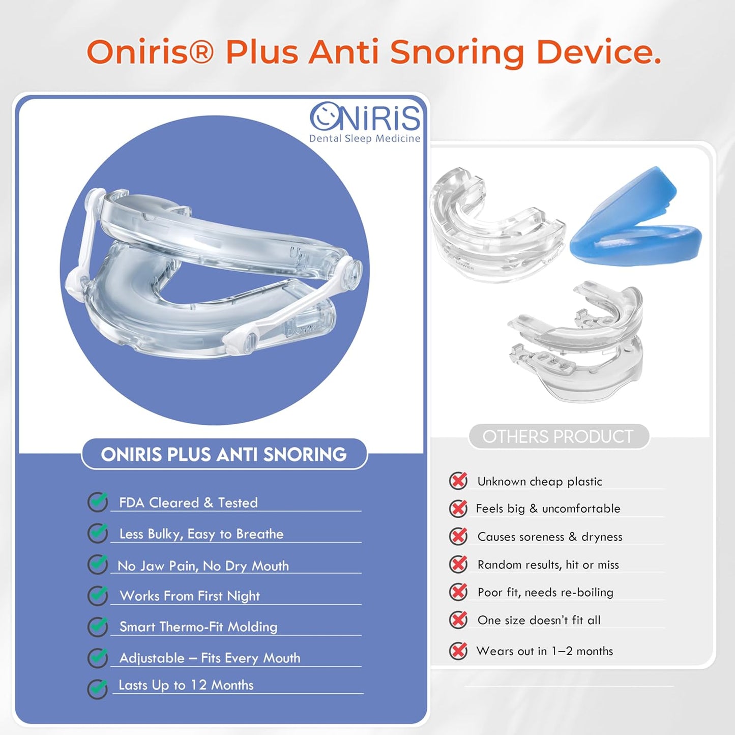 ONIRIS® Anti Snoring Mouthpiece Solution for Men & Women - FDA-Cleared (Fits All Mouth Sizes)